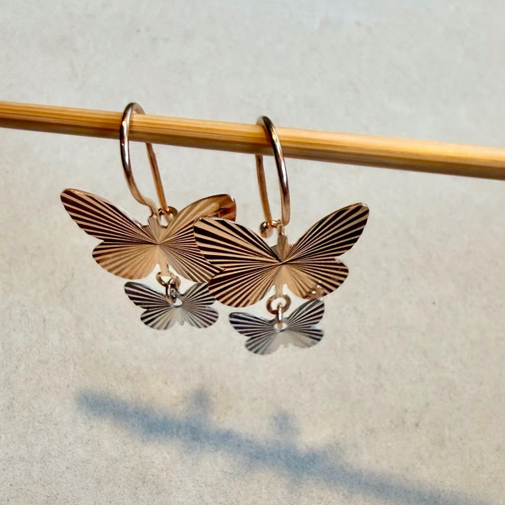 Delicate Two-Tone Butterfly Drop Earrings - 14 K Rose Gold & White gold